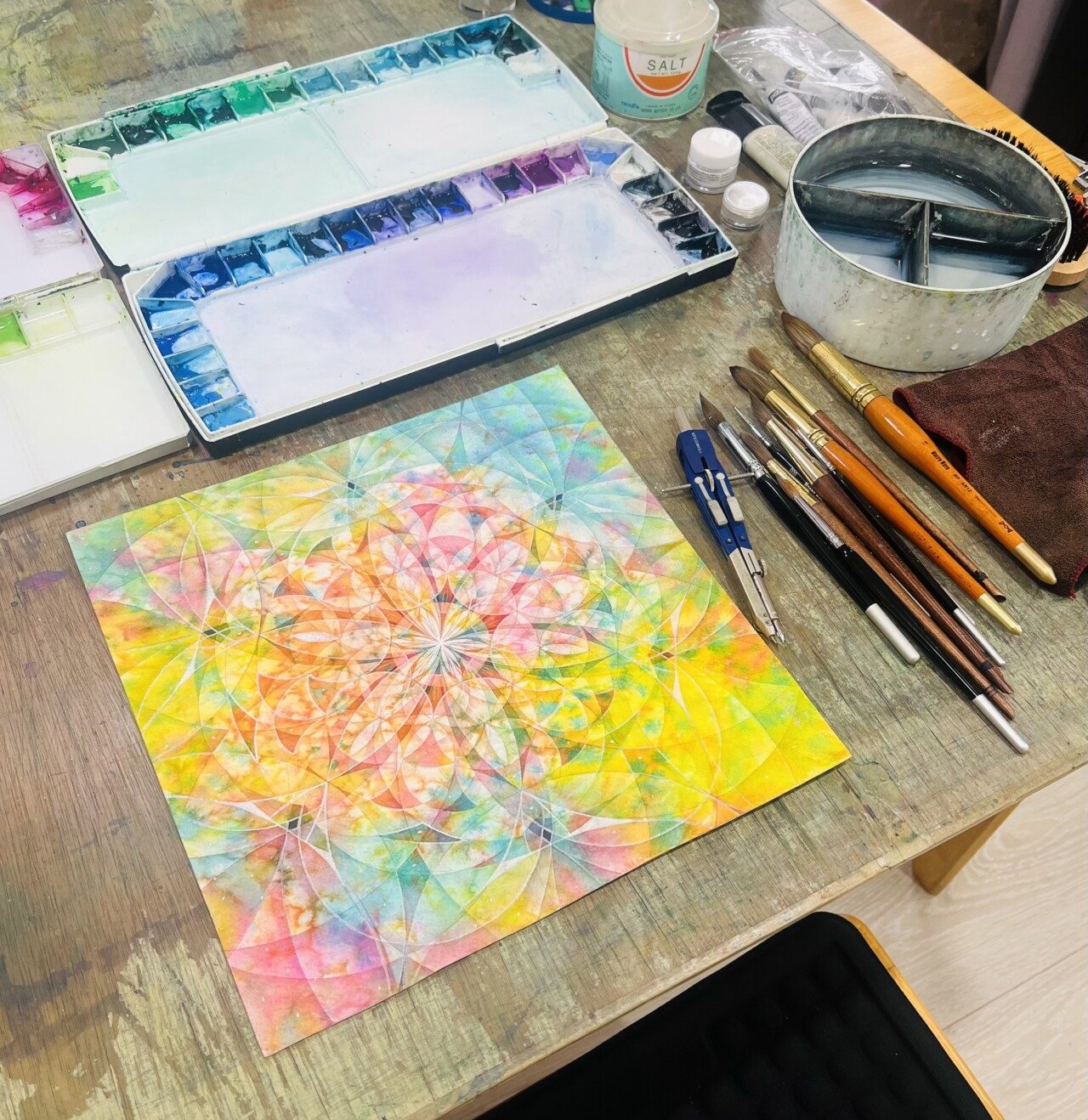 定期畫聚現場：水彩用具與生命之花作品